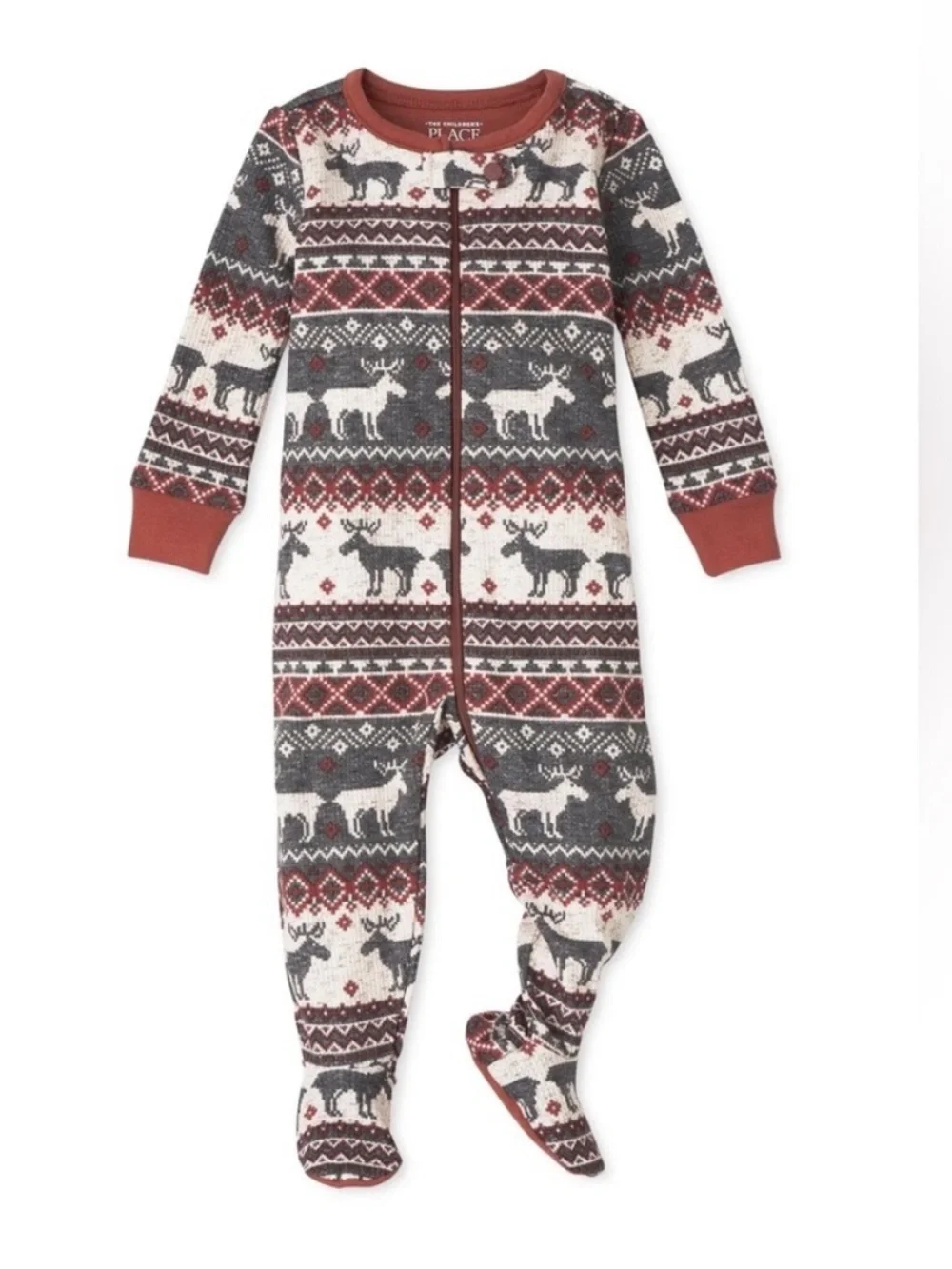 The Children's Place Rust, Gray & Cream Moose Fair Isle Footed One-Piece 6/9m
